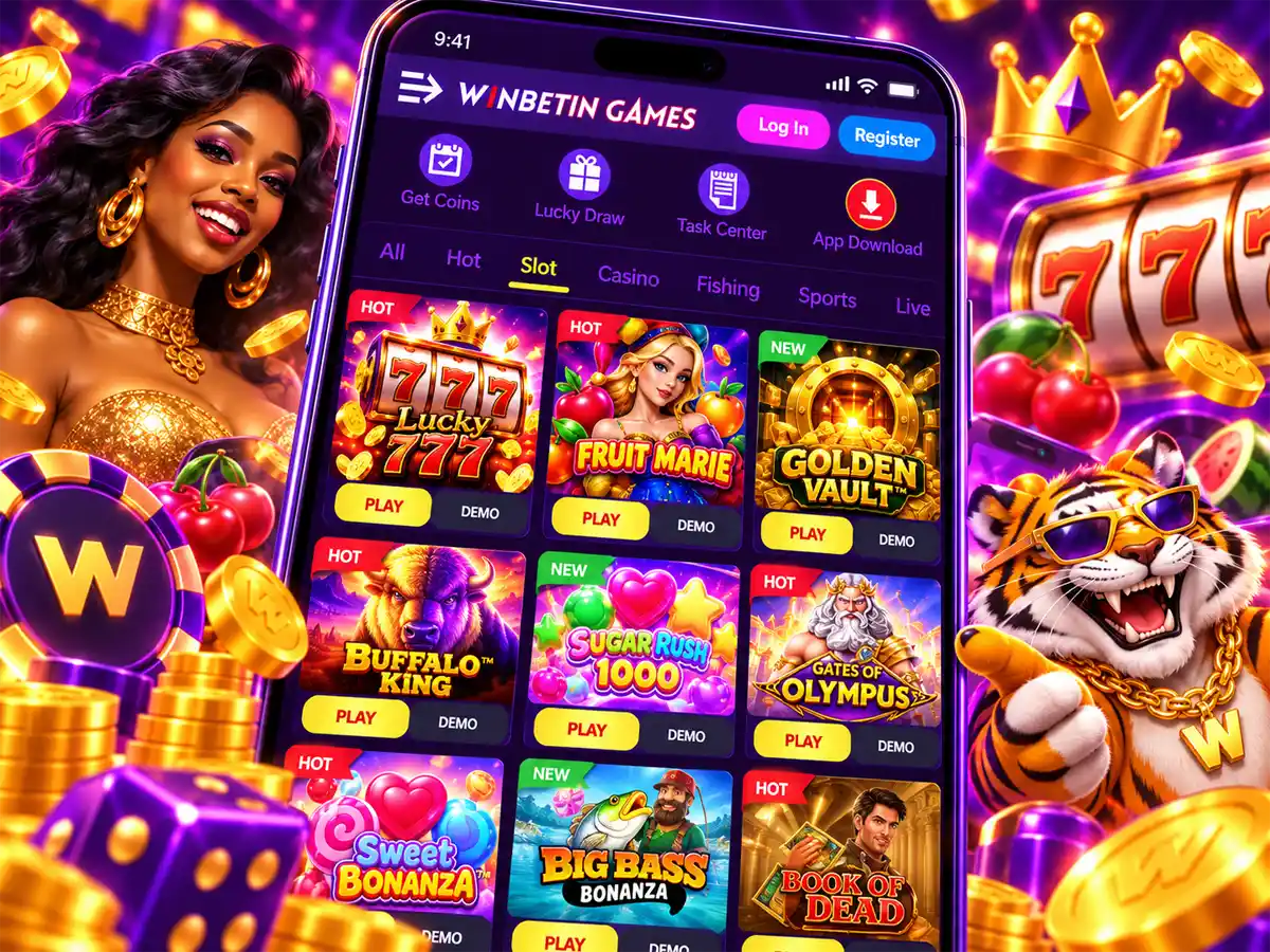 Winbetin casino lobby with game tiles for Lucky 777, Fruit Marie and Golden Vault, each showing Play and Demo buttons