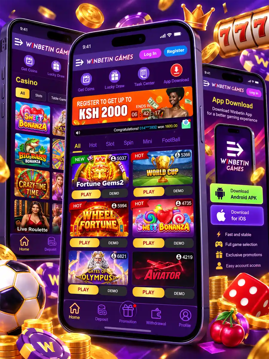 Smartphone displaying the Winbetin mobile app home screen, casino lobby and app download interface