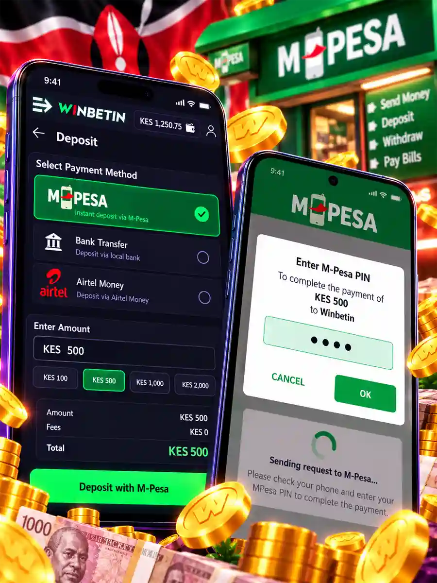 M-Pesa PIN prompt on a phone after starting a Winbetin deposit, with the message Sending request to M-Pesa