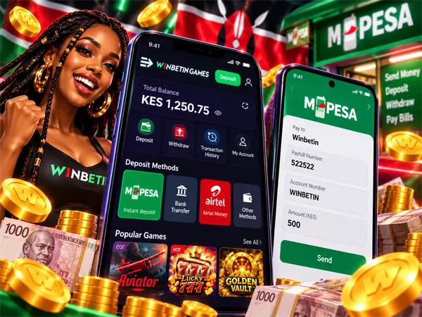 Winbetin account balance in Kenyan shillings next to an M-Pesa payment on a Kenyan mobile phone