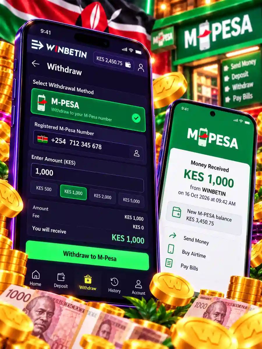 Winbetin withdrawal to M-Pesa with the registered Kenyan phone number and amount in KES