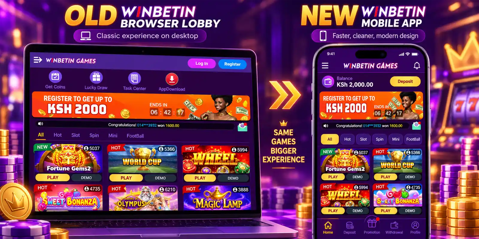 Comparison of the older Winbetin browser game lobby and the newer Winbetin mobile app interface