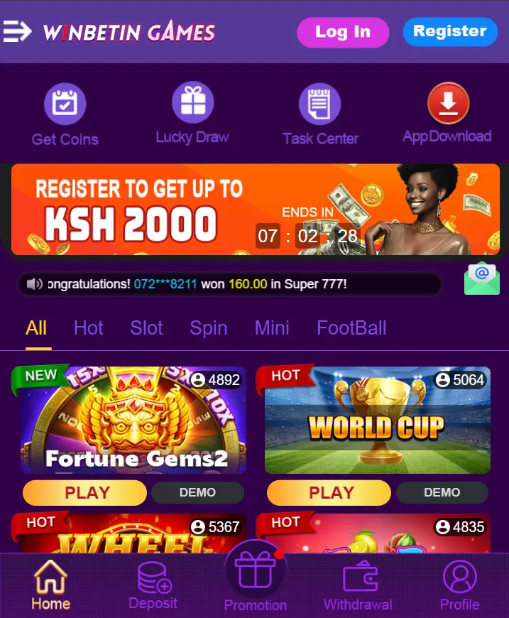 Winbetin lobby with register promo, game categories and Play and Demo game tiles