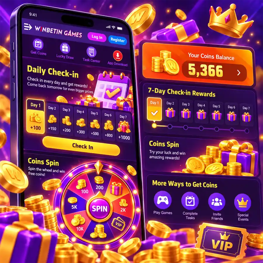 Winbetin daily check-in rewards with coin balance, seven-day streak and Coins Spin panel