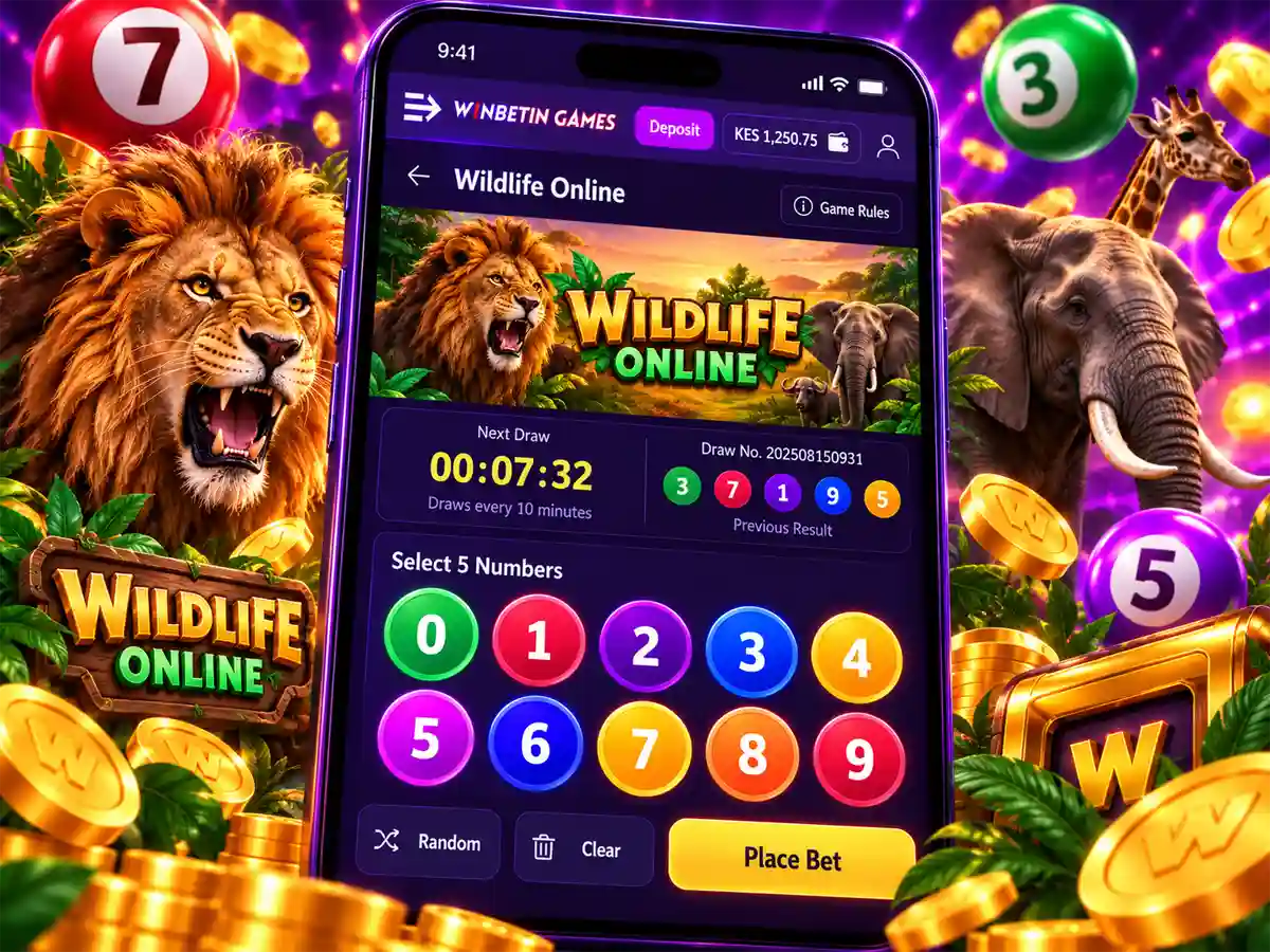 Wildlife Online number game panel with five single-digit number selection and the next 10-minute draw