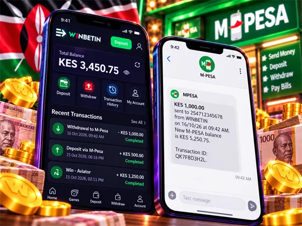 M-Pesa confirmation SMS next to the Winbetin account balance in KES on a phone, used to check a delayed payout